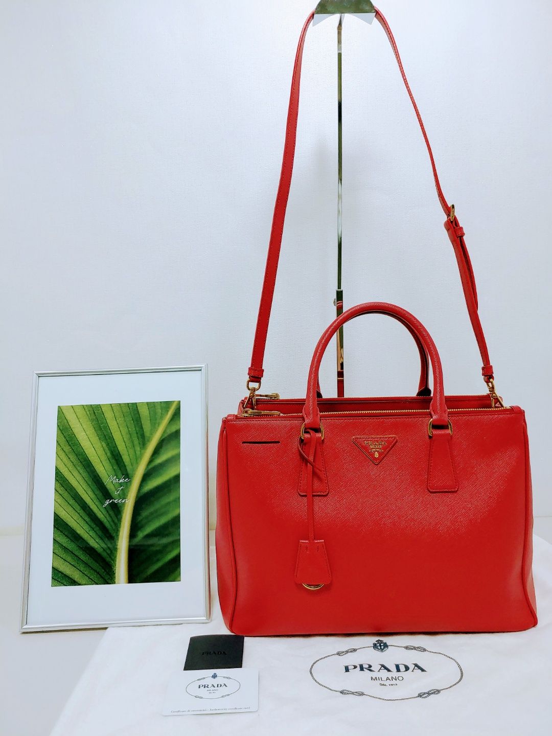 Prada Saffiano Lux Double-Zipper Tote/Shoulder Bag 2WAY Red BN2274