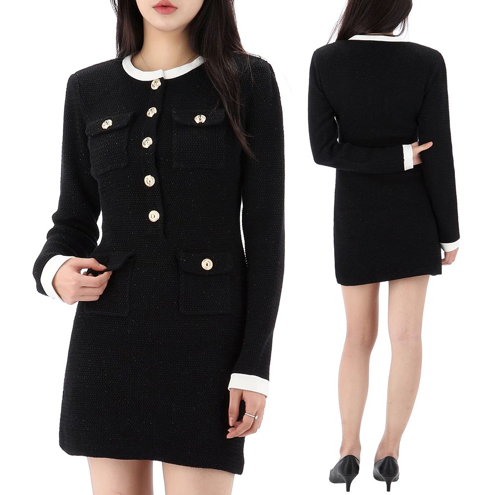 Self Portrait Girls Contrast Collar Knit Dress in Navy main image 1