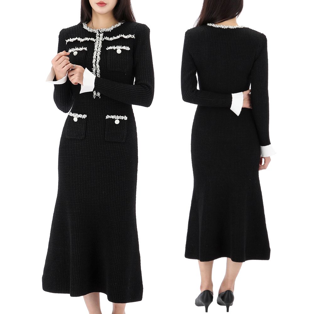 Self-Portrait Knit Midi Dress with Pearl Trim 25SS RS25087MB BLACK  123904074 – trenbe