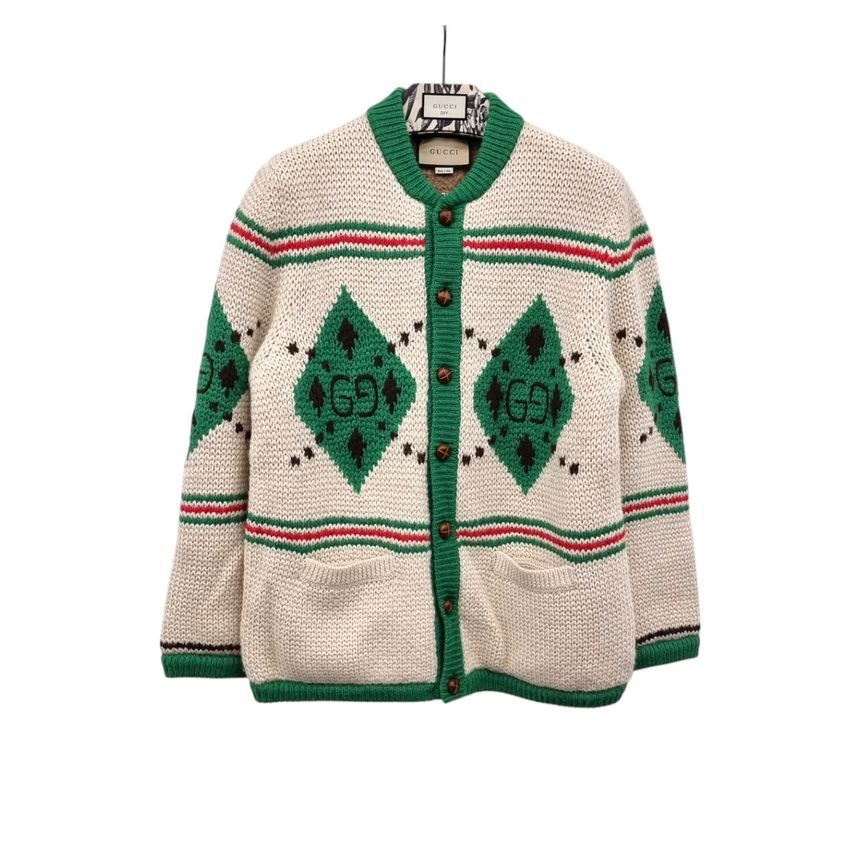 Gucci Unused Ivory Green Alpaca Jacquard Cardigan GUB012033