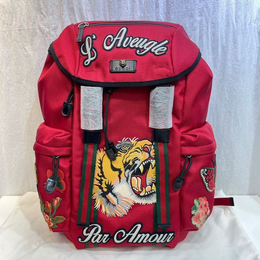 Gucci Tiger Embroidered Techno Canvas Backpack Red 429037