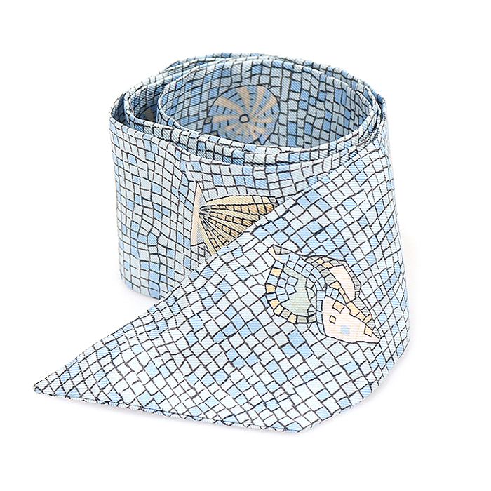 Hermes 100% Silk Blue Mosaic Shell Print Slim Twilly Scarf