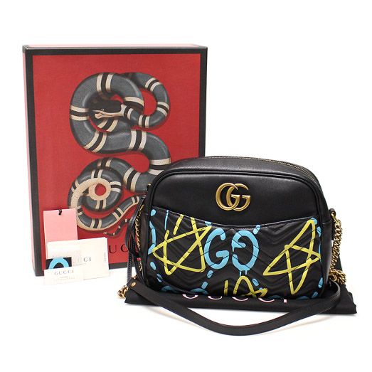 Gucci Black Matelassé Chevron Leather Ghost Graffiti GG Marmont