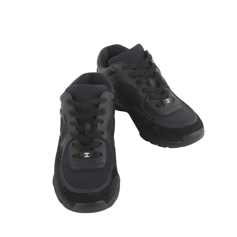CHANEL G33745 Black Leather Suede CC Logo Cruise Sneakers 36 1/2