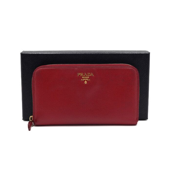 Prada Red Gold Metal Saffiano Zip Women's Long Wallet 1M0506