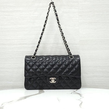 CHANEL Classic Medium Flap Shoulder Bag Lambskin Black Silver A01112 163155874 [P]