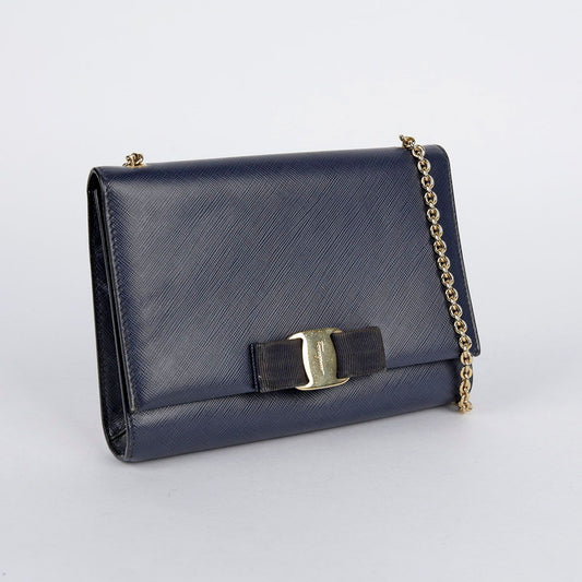 SALVATORE FERRAGAMO 22 B558 ネイビー サフィアーノ レザー ジニー チェーン クロスバッグ 27598159