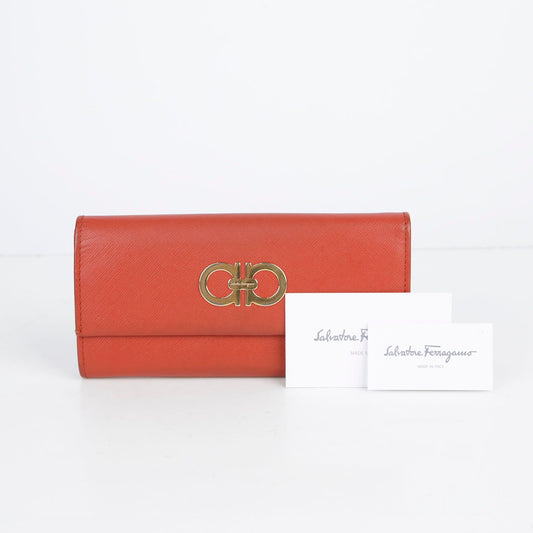 Salvatore Ferragamo 22 7121 Orange Saffiano Leather Gancini Logo Long Wallet 28135083