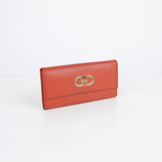 Salvatore Ferragamo 22 7121 Orange Saffiano Leather Gancini Logo Long Wallet 28135083