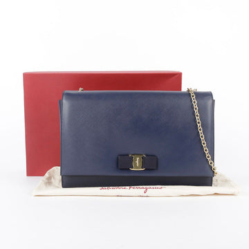 SALVATORE FERRAGAMO 21 E015 ネイビー サフィアーノ レザー ジニ バーラ チェーン ショルダー 兼 クロスバッグ E015 30247974
