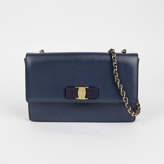 SALVATORE FERRAGAMO 21 E480 ネイビー サピアノ レザー バーラ ジーニ チェーン ショルダー 兼 クロスバッグ 34636203