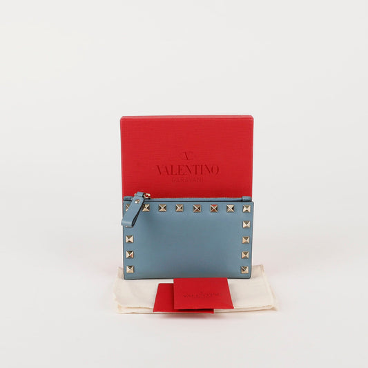 Valentino Blue Leather Rockstud Zipper Card Holder Wallet 39103744