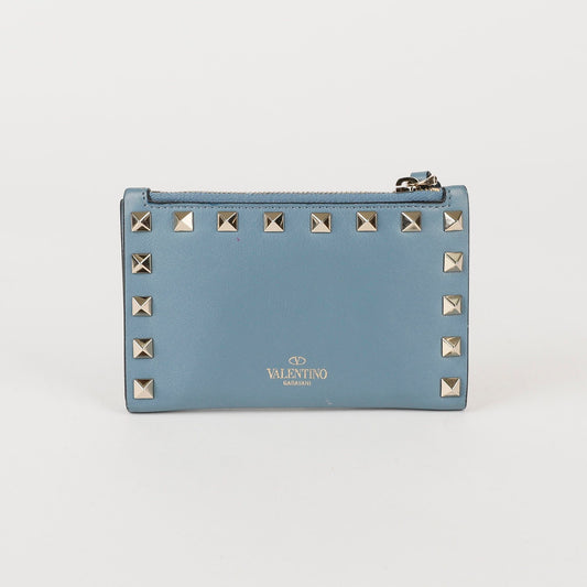 Valentino Blue Leather Rockstud Zipper Card Holder Wallet 39103744