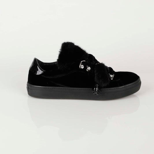 Tods 270MM Black Velvet Crystal Fur Sneakers 40269100