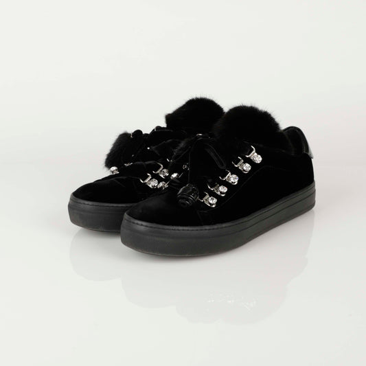 Tods 270MM Black Velvet Crystal Fur Sneakers 40269100