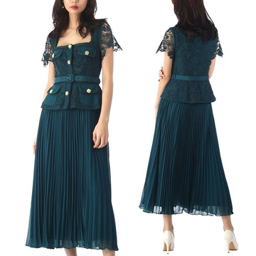 Self-Portrait Lace Pleated Midi Dress TEAL 43321389