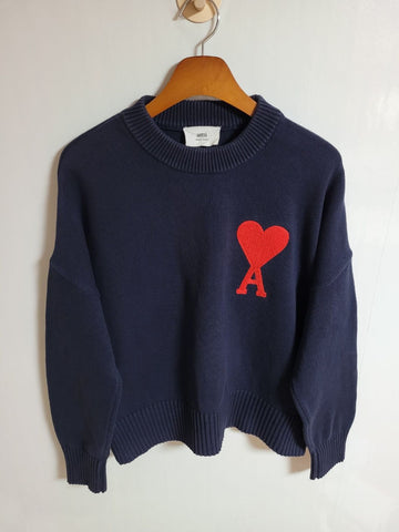 AMI Navy Big Heart Embroidered Wool Knit M A21HK009 016 43937228 [P]
