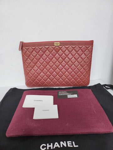 CHANEL Burgundy Lambskin Boy Gold Clutch Bag Large 44412036