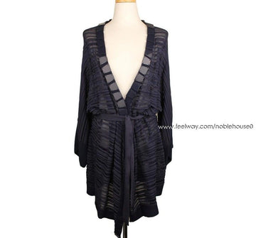 MALO Navy & Purple Block Decorative Sheer Knit Belted Robe Cardigan 66 3190025133 26810175