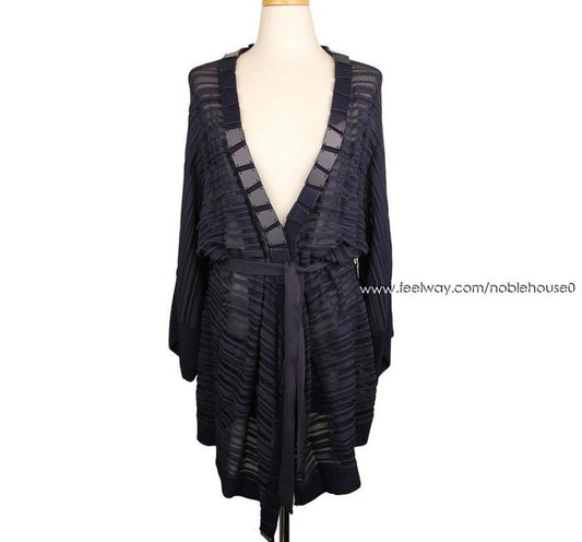 MALO Navy & Purple Block Decorative Sheer Knit Belted Robe Cardigan 66 3190025133 26810175