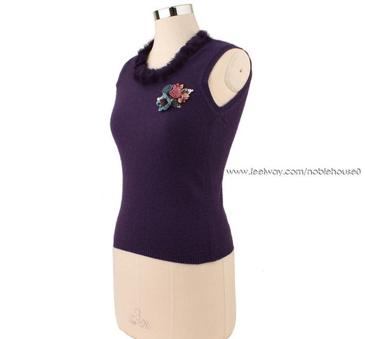 BLUMARINE Purple Fur Sleeveless Cashmere Knit 44 55 2280829571 26810014