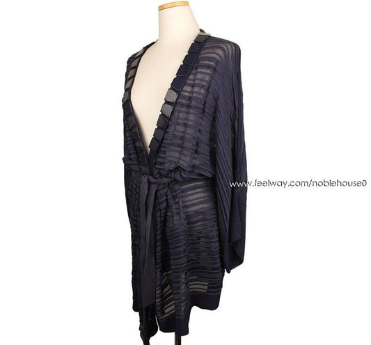 MALO Navy & Purple Block Decorative Sheer Knit Belted Robe Cardigan 66 3190025133 26810175