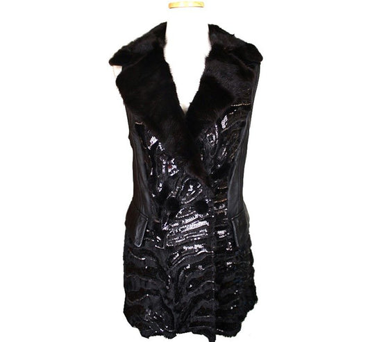 Other Brand Black Multi-Sequin & Shared Mink Rabbit Lambskin Vest 55 26810292