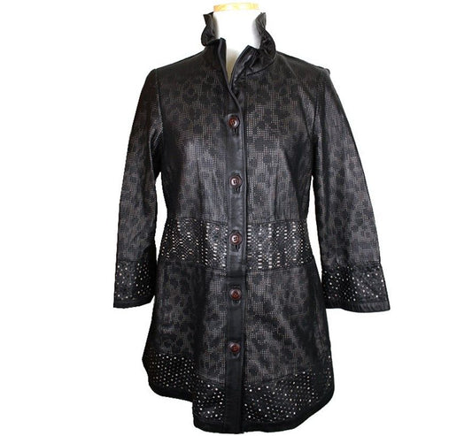 OTHER BRAND Robo Schwarzes Lammleder & Leoparden Multi-Punching Jacke 55 26810426