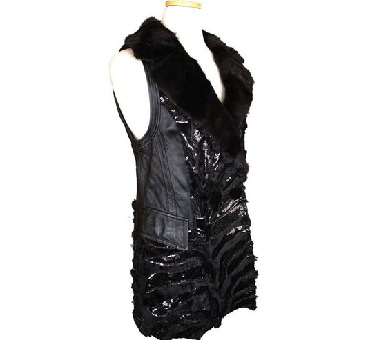 Other Brand Black Multi-Sequin & Shared Mink Rabbit Lambskin Vest 55 26810292