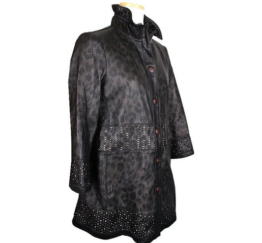 OTHER BRAND Robo Schwarzes Lammleder & Leoparden Multi-Punching Jacke 55 26810426