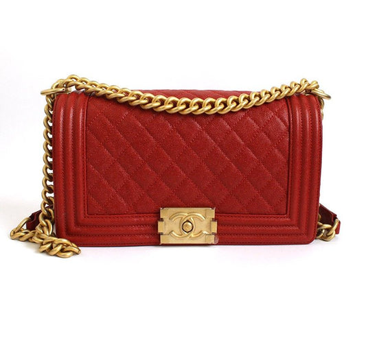 CHANEL ボーイ ミディアム キャビア レッド ゴールド クロスバッグ 27番 27530184