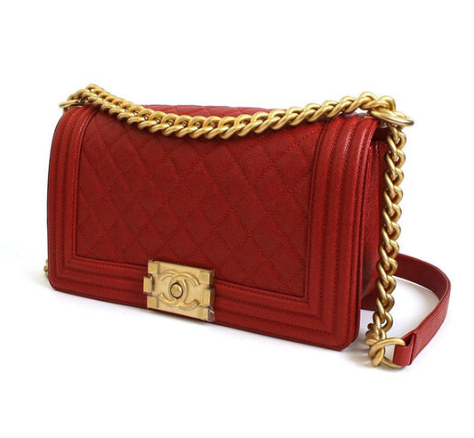 CHANEL ボーイ ミディアム キャビア レッド ゴールド クロスバッグ 27番 27530184