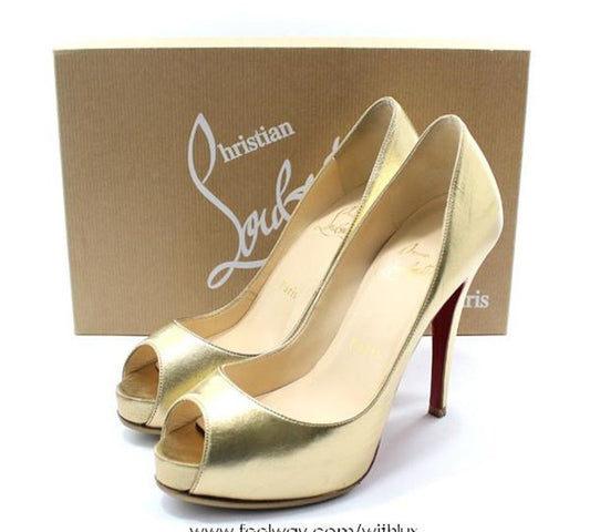 CHRISTIAN LOUBOUTIN Gold VERY PRIVE Peeptoe Pumps High Heels 35 2741427968 28257265