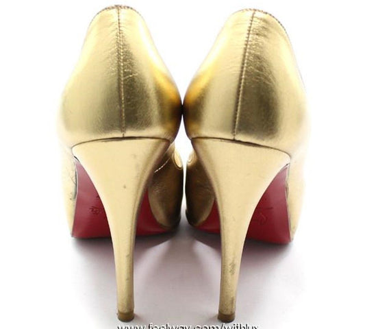 CHRISTIAN LOUBOUTIN Gold VERY PRIVE Peeptoe Pumps High Heels 35 2741427968 28257265