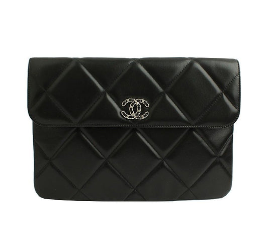 CHANEL 19 シルバー ブラック ラムスキン キルティング フラップ クラッチバッグ 31番 28421421