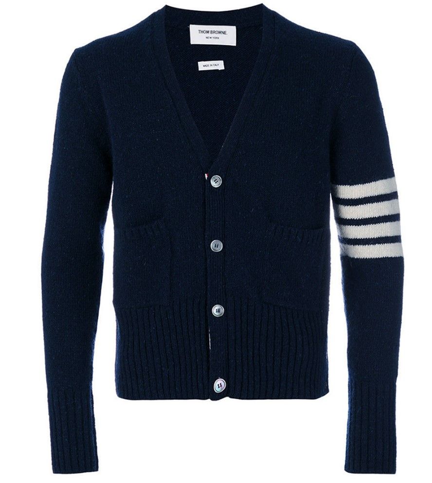 Thom Browne Diagonal Strap Mohair Tweed Cardigan Dark Navy 00278