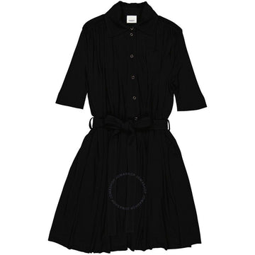 BURBERRY プチリファーブ商品 ベルト付きプリーツブラックジャージーショートスリーブドレス 8017533 30585724