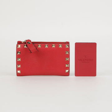 Valentino Red Leather Rockstud Zip Card Case Wallet 0605 44393664