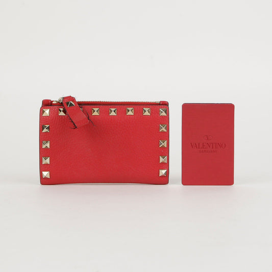 Valentino Red Leather Rockstud Zip Card Case Wallet 0605 44393664