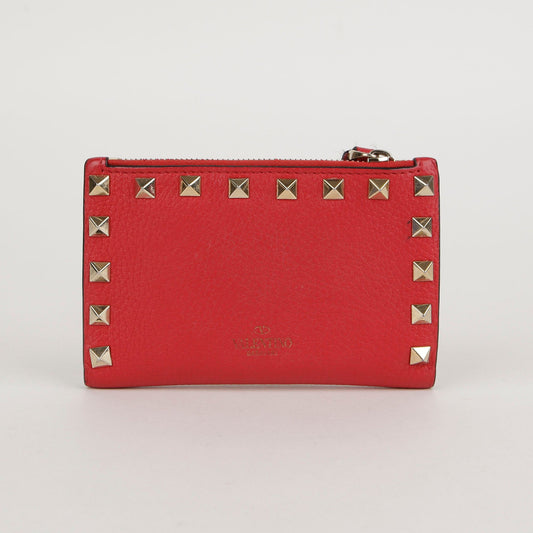 Valentino Red Leather Rockstud Zip Card Case Wallet 0605 44393664