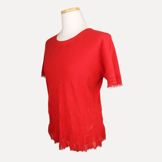 ISSEY MIYAKE Rote Lochmuster Fransen Strickoberteil 55 45417081
