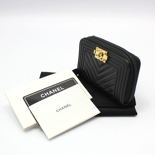 CHANEL Chevron Gold-tone Boy Zipper Card Holder A80602 45490314