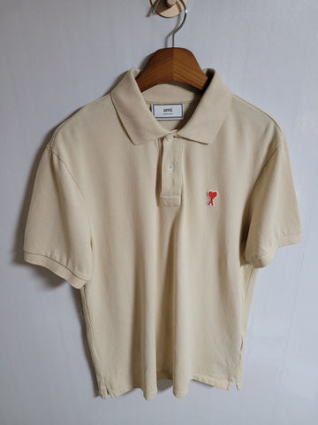 AMI アイボリー スモール ハート刺繍 半袖 ポロシャツ L E20HJ207 760 46347333