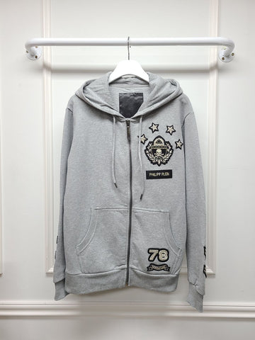 PHILIPP PLEIN グレー スカル スターパッチ ジェット機 チャーム フードジャケット 47634100
