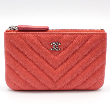 CHANEL Unused Coral Caviar Chevron Silver Classic Pouch A82365 48026692