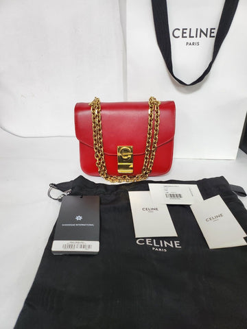 CELINE Rote Kette Schultertasche mit goldfarbenem C-Logo klein 48331190