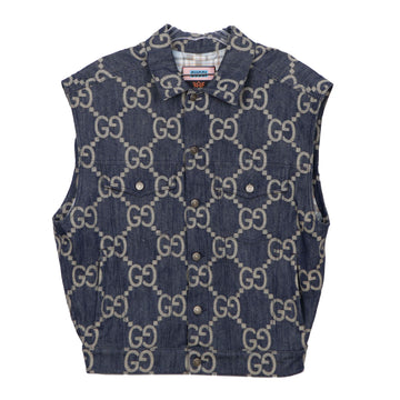 GUCCI 674339 44サイズ ブルー アイボリー ジャンボ GG ジャカード デニム パイナップル ベスト 49280772