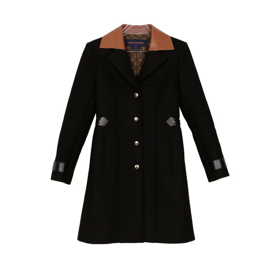 Louis Vuitton 1AB789 Black Wool Leather Insert A-Line Coat 34 49434063