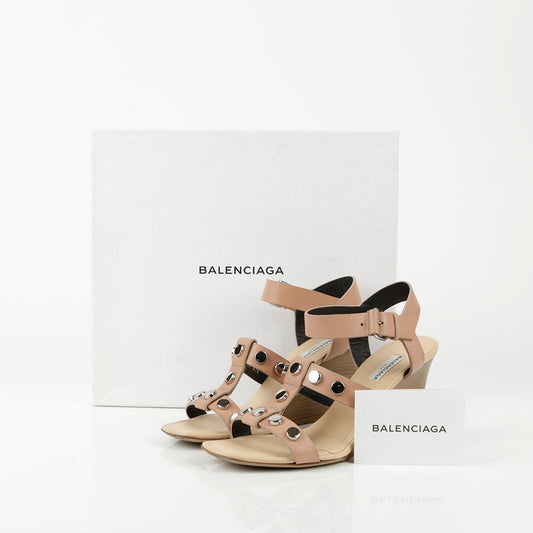 BALENCIAGA ピンクレザー スタッズストラップ ウェッジサンダルヒール 37.5 50257090