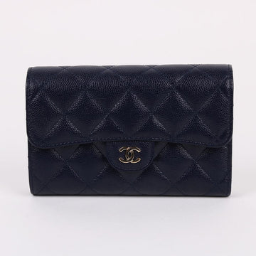 CHANEL Classic Caviar Gold-tone Navy Medium Wallet 31 Series 52779765